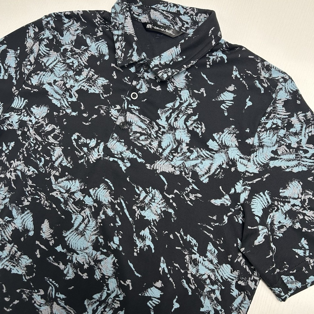 Travis Mathew Polo Shirt Mens Sz L Black Blue Gray Floral Golf Pima Cotton